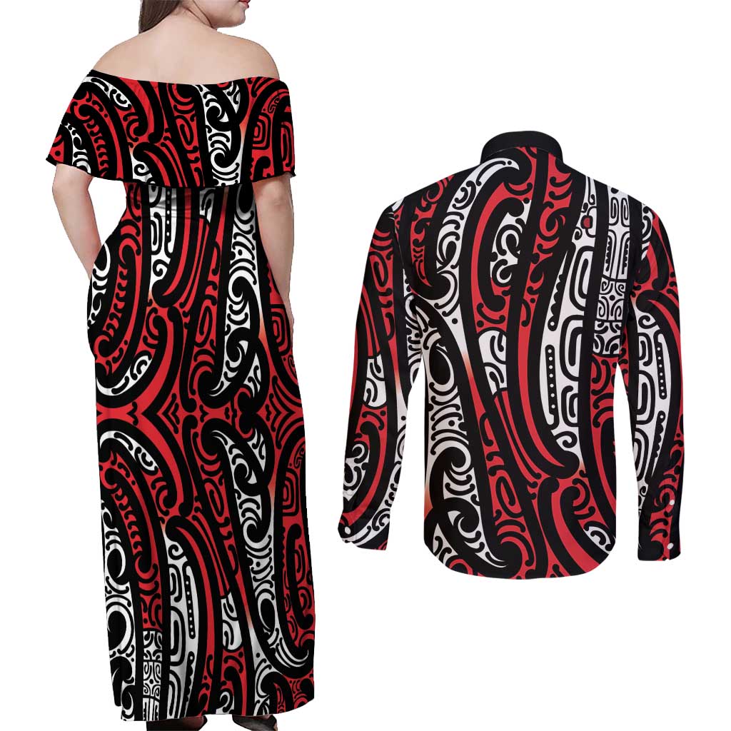 New Zealand Maori Taniko Couples Matching Off Shoulder Maxi Dress and Long Sleeve Button Shirt Red Kowhaiwhai Puhoro LT9 - Polynesian Pride