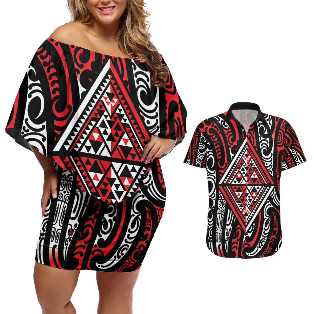 New Zealand Maori Taniko Couples Matching Off Shoulder Short Dress and Hawaiian Shirt Red Kowhaiwhai Puhoro LT9 Red - Polynesian Pride
