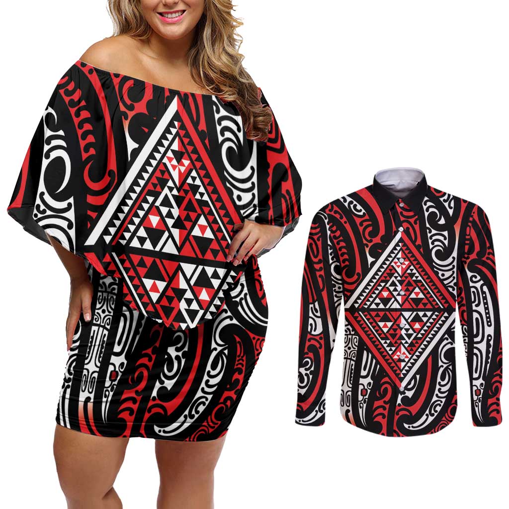 New Zealand Maori Taniko Couples Matching Off Shoulder Short Dress and Long Sleeve Button Shirt Red Kowhaiwhai Puhoro LT9 Red - Polynesian Pride