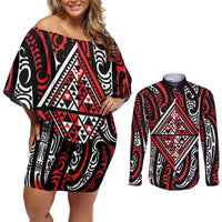 New Zealand Maori Taniko Couples Matching Off Shoulder Short Dress and Long Sleeve Button Shirt Red Kowhaiwhai Puhoro LT9 Red - Polynesian Pride