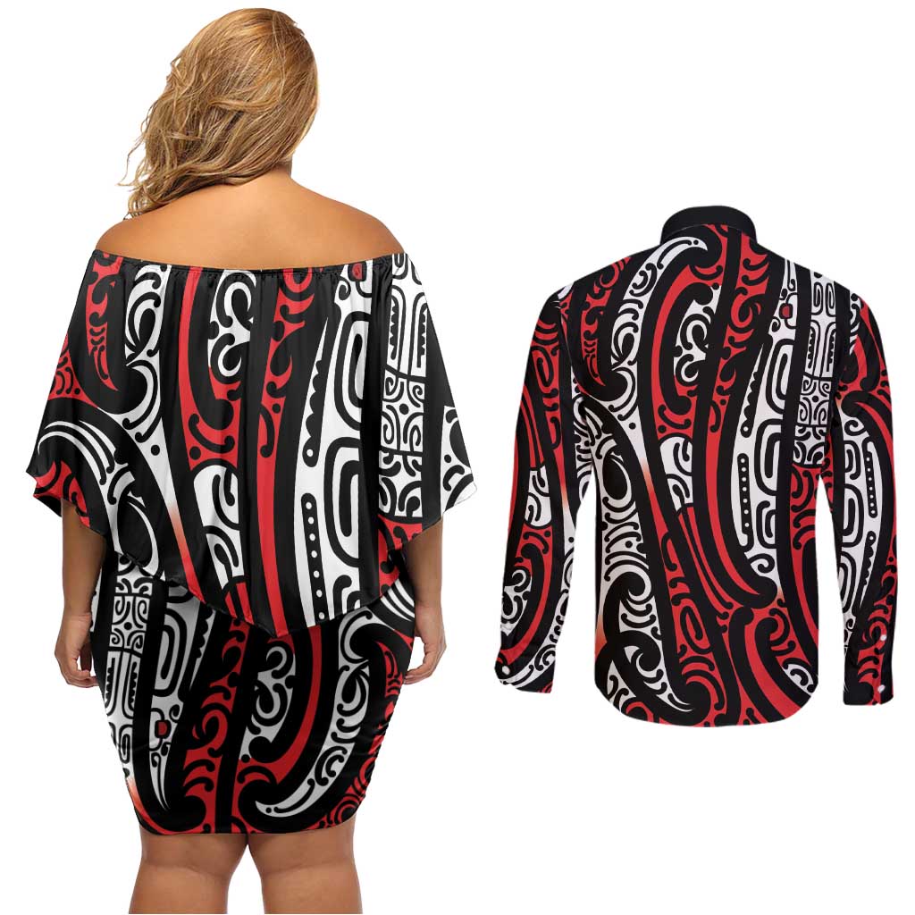 New Zealand Maori Taniko Couples Matching Off Shoulder Short Dress and Long Sleeve Button Shirt Red Kowhaiwhai Puhoro LT9 - Polynesian Pride