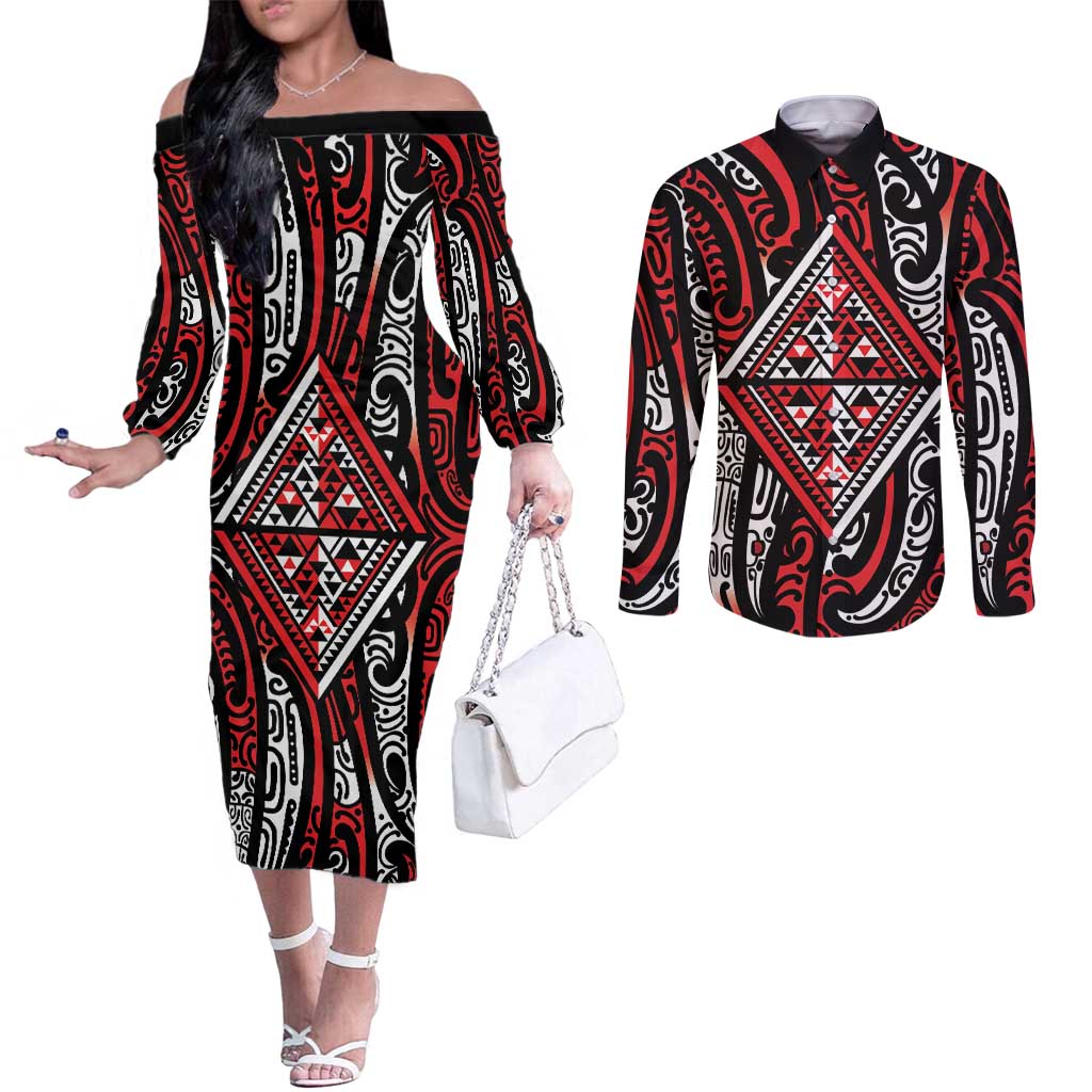 New Zealand Maori Taniko Couples Matching Off The Shoulder Long Sleeve Dress and Long Sleeve Button Shirt Red Kowhaiwhai Puhoro LT9 Red - Polynesian Pride