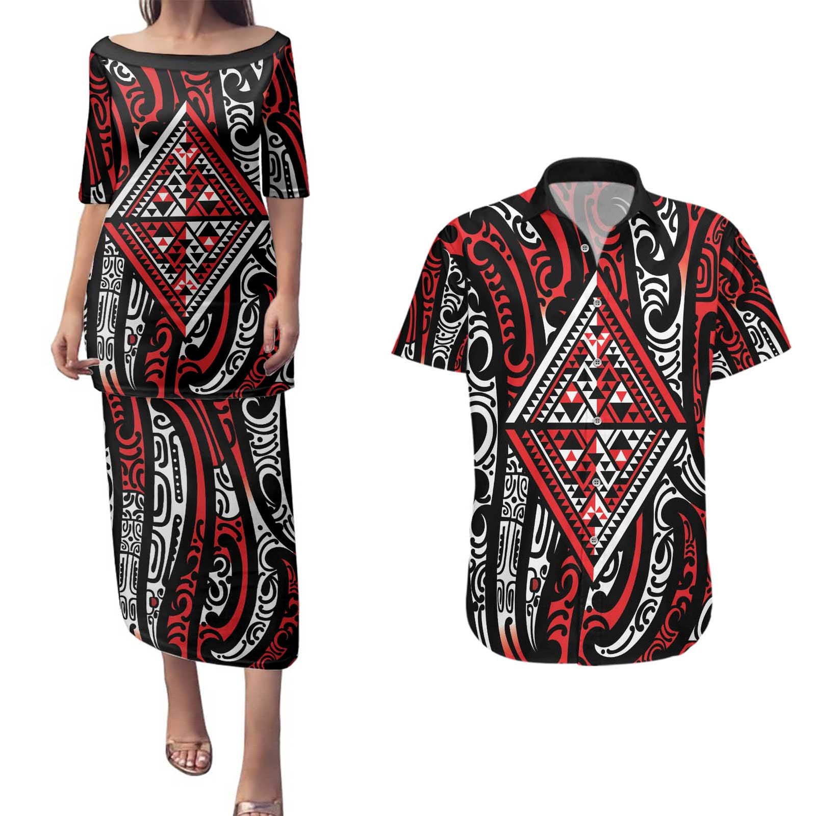 New Zealand Maori Taniko Couples Matching Puletasi and Hawaiian Shirt Red Kowhaiwhai Puhoro LT9 Red - Polynesian Pride