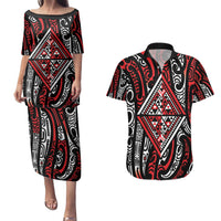 New Zealand Maori Taniko Couples Matching Puletasi and Hawaiian Shirt Red Kowhaiwhai Puhoro LT9 Red - Polynesian Pride