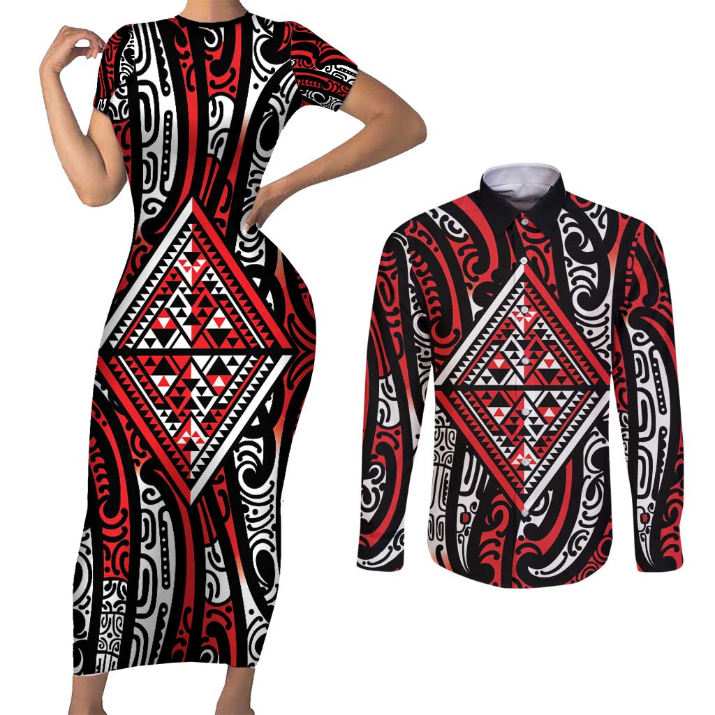 New Zealand Maori Taniko Couples Matching Short Sleeve Bodycon Dress and Long Sleeve Button Shirt Red Kowhaiwhai Puhoro LT9 Red - Polynesian Pride