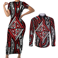 New Zealand Maori Taniko Couples Matching Short Sleeve Bodycon Dress and Long Sleeve Button Shirt Red Kowhaiwhai Puhoro LT9 Red - Polynesian Pride