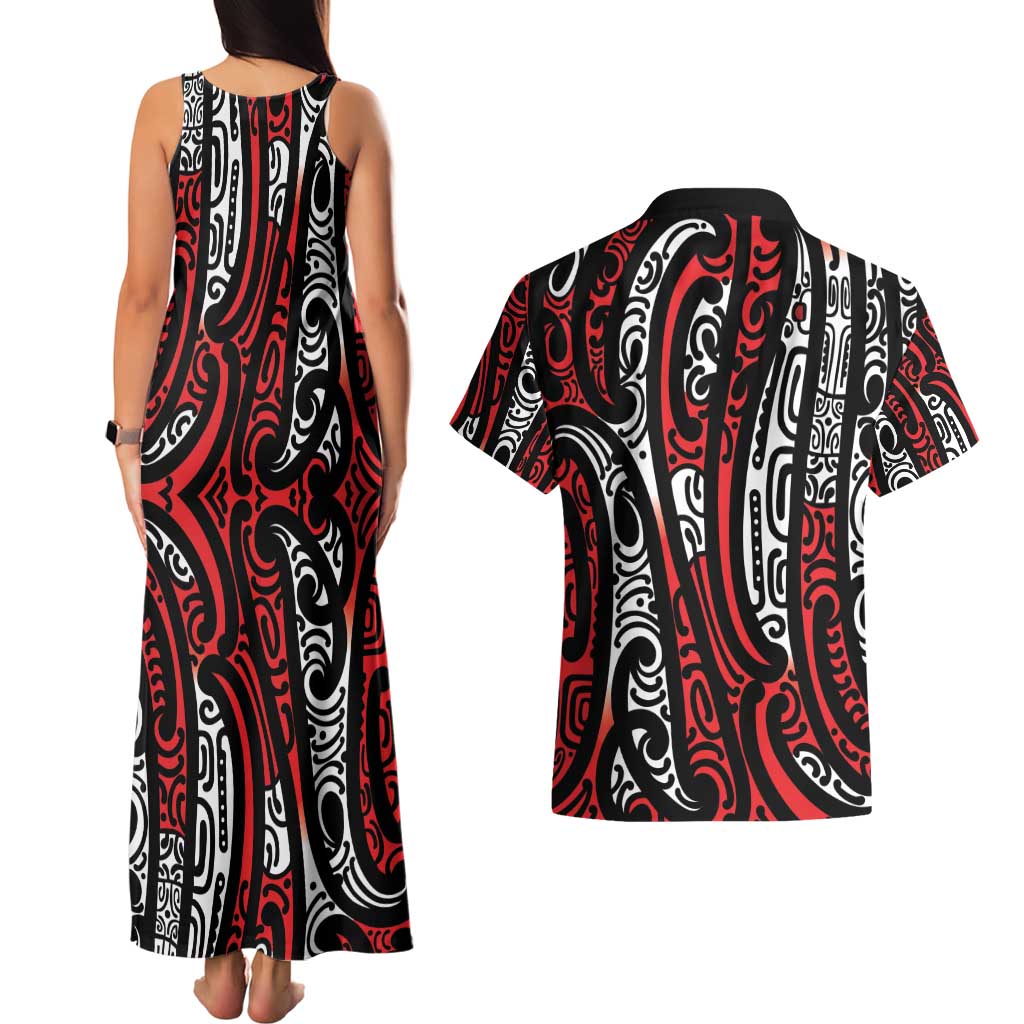 New Zealand Maori Taniko Couples Matching Tank Maxi Dress and Hawaiian Shirt Red Kowhaiwhai Puhoro LT9 - Polynesian Pride