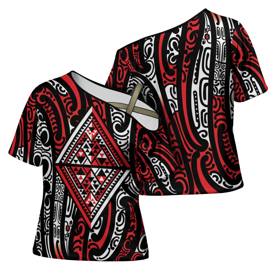 New Zealand Maori Taniko Cross Shoulder Shirt Red Kowhaiwhai Puhoro - Polynesian Pride