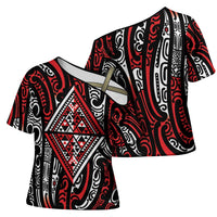 New Zealand Maori Taniko Cross Shoulder Shirt Red Kowhaiwhai Puhoro - Polynesian Pride