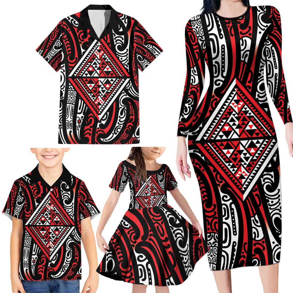 New Zealand Maori Taniko Family Matching Long Sleeve Bodycon Dress and Hawaiian Shirt Red Kowhaiwhai Puhoro LT9 - Polynesian Pride