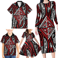 New Zealand Maori Taniko Family Matching Long Sleeve Bodycon Dress and Hawaiian Shirt Red Kowhaiwhai Puhoro LT9 - Polynesian Pride