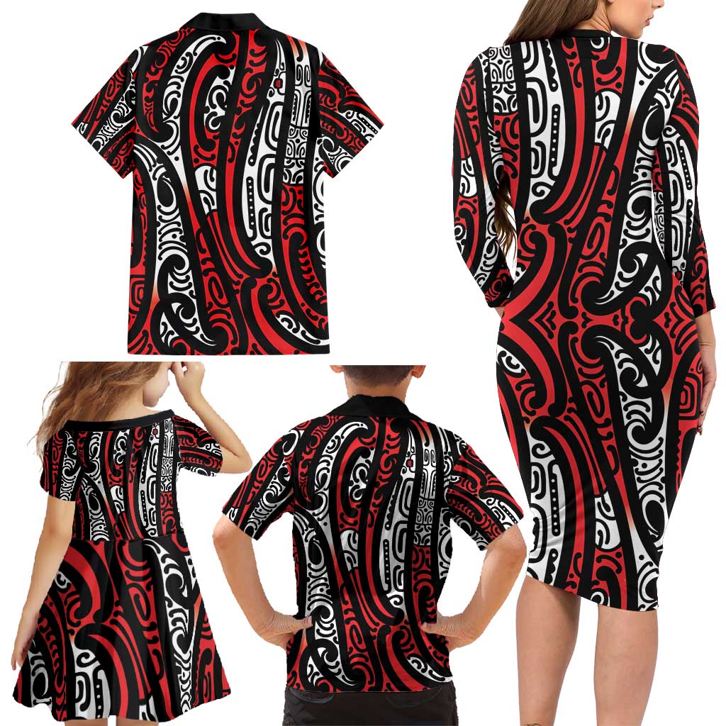 New Zealand Maori Taniko Family Matching Long Sleeve Bodycon Dress and Hawaiian Shirt Red Kowhaiwhai Puhoro LT9 - Polynesian Pride