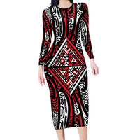 New Zealand Maori Taniko Family Matching Long Sleeve Bodycon Dress and Hawaiian Shirt Red Kowhaiwhai Puhoro LT9 Mom's Dress Red - Polynesian Pride