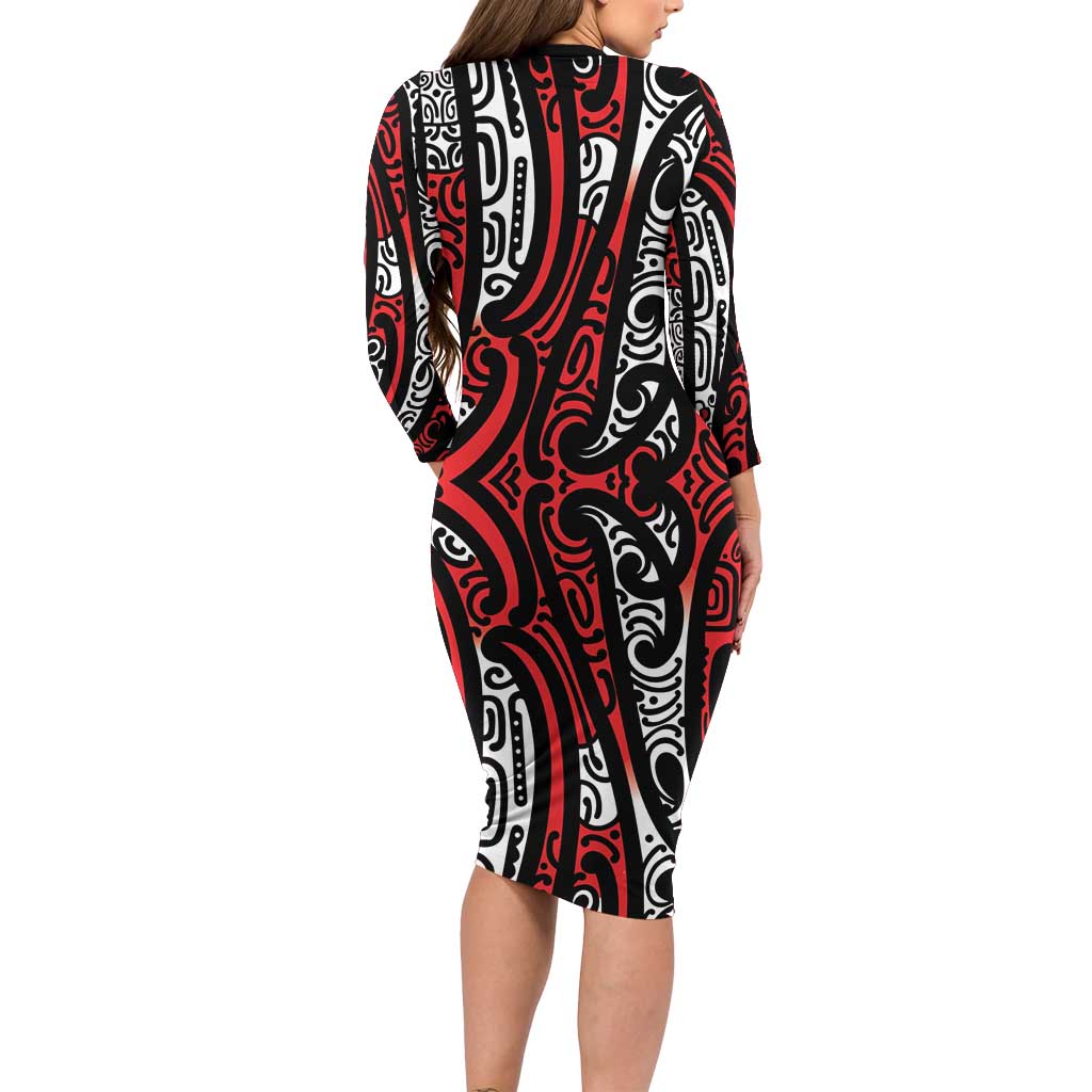 New Zealand Maori Taniko Family Matching Long Sleeve Bodycon Dress and Hawaiian Shirt Red Kowhaiwhai Puhoro LT9 - Polynesian Pride