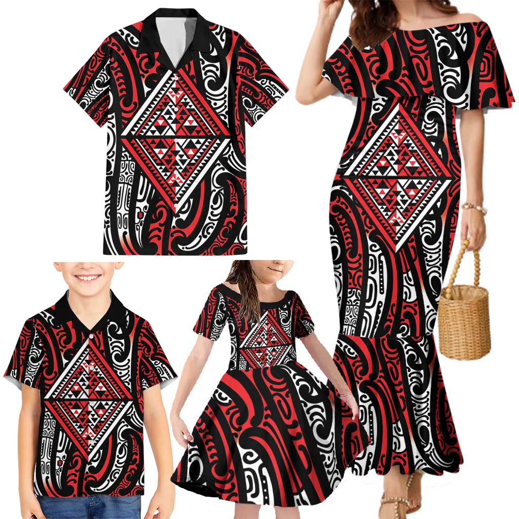 New Zealand Maori Taniko Family Matching Mermaid Dress and Hawaiian Shirt Red Kowhaiwhai Puhoro LT9 - Polynesian Pride