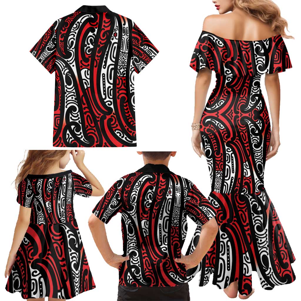 New Zealand Maori Taniko Family Matching Mermaid Dress and Hawaiian Shirt Red Kowhaiwhai Puhoro LT9 - Polynesian Pride