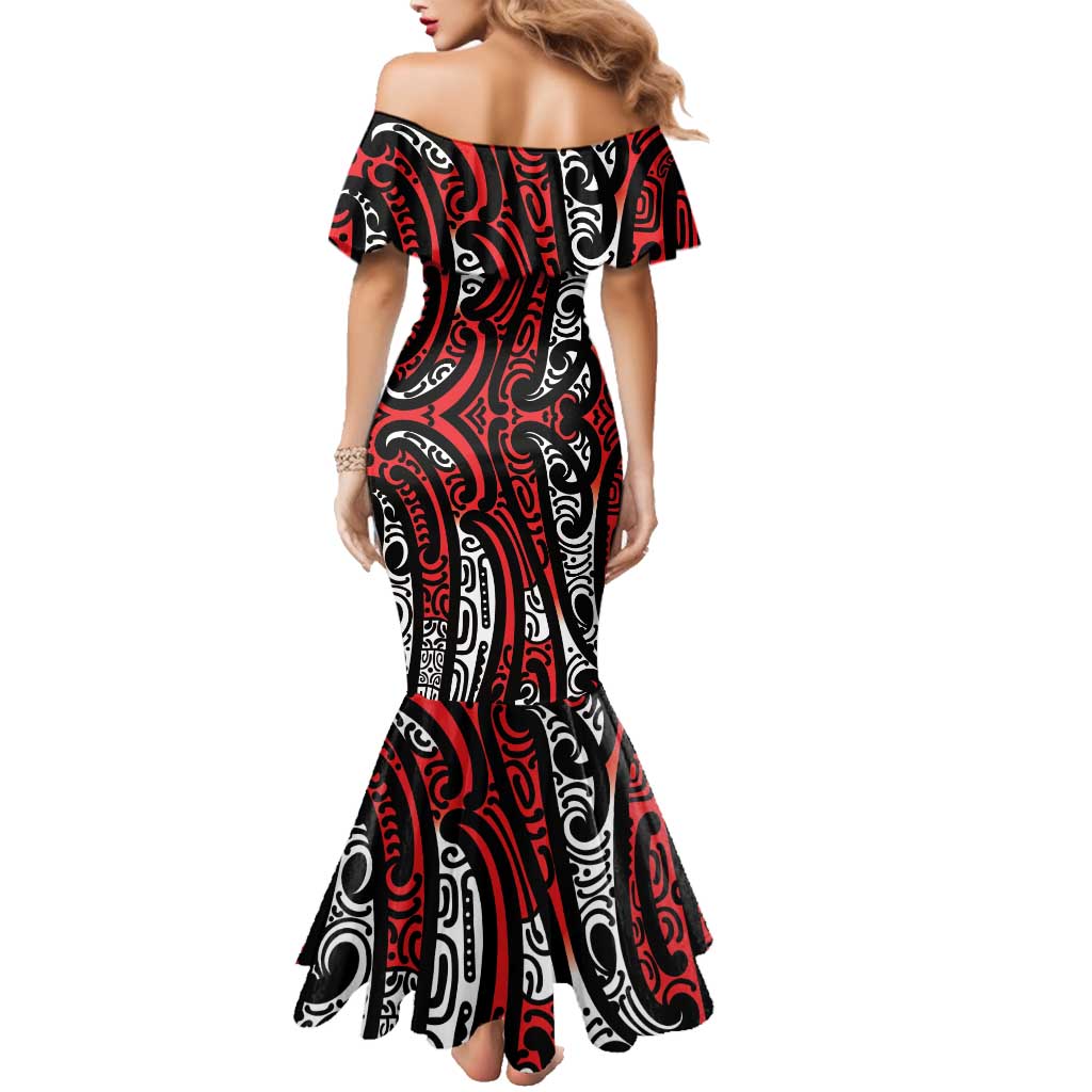 New Zealand Maori Taniko Family Matching Mermaid Dress and Hawaiian Shirt Red Kowhaiwhai Puhoro LT9 - Polynesian Pride