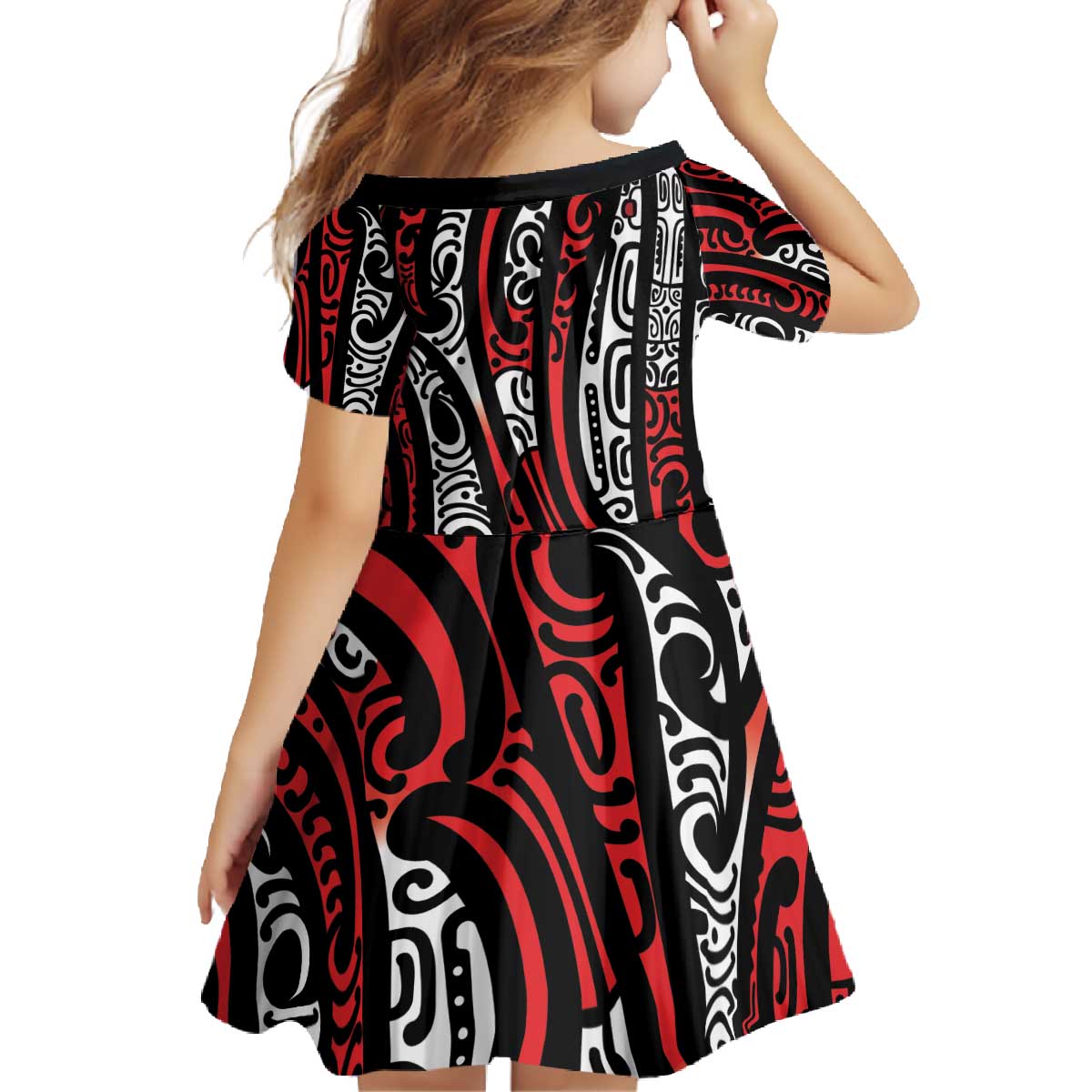 New Zealand Maori Taniko Family Matching Off The Shoulder Long Sleeve Dress and Hawaiian Shirt Red Kowhaiwhai Puhoro LT9 - Polynesian Pride