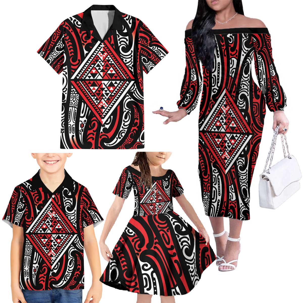 New Zealand Maori Taniko Family Matching Off The Shoulder Long Sleeve Dress and Hawaiian Shirt Red Kowhaiwhai Puhoro LT9 - Polynesian Pride