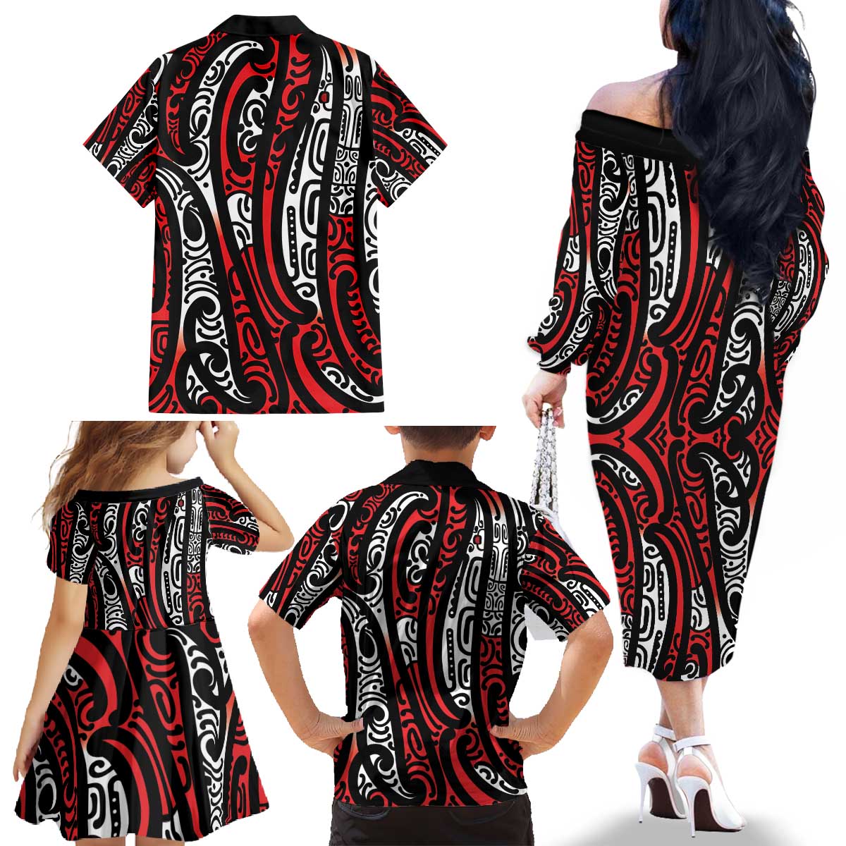 New Zealand Maori Taniko Family Matching Off The Shoulder Long Sleeve Dress and Hawaiian Shirt Red Kowhaiwhai Puhoro LT9 - Polynesian Pride