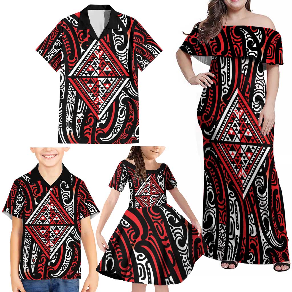 New Zealand Maori Taniko Family Matching Off Shoulder Maxi Dress and Hawaiian Shirt Red Kowhaiwhai Puhoro LT9 - Polynesian Pride