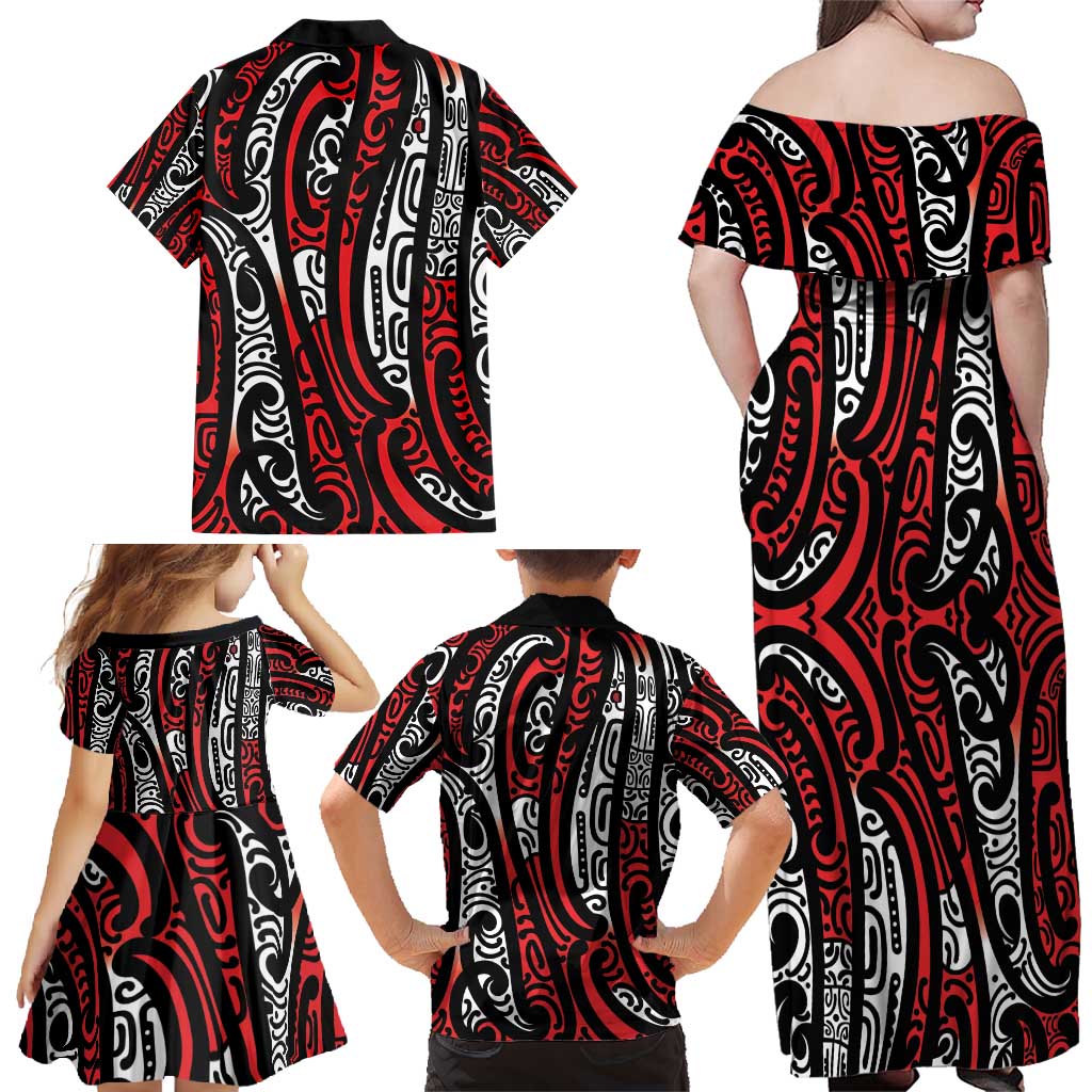 New Zealand Maori Taniko Family Matching Off Shoulder Maxi Dress and Hawaiian Shirt Red Kowhaiwhai Puhoro LT9 - Polynesian Pride