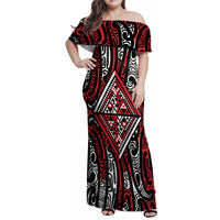 New Zealand Maori Taniko Family Matching Off Shoulder Maxi Dress and Hawaiian Shirt Red Kowhaiwhai Puhoro LT9 Mom's Dress Red - Polynesian Pride