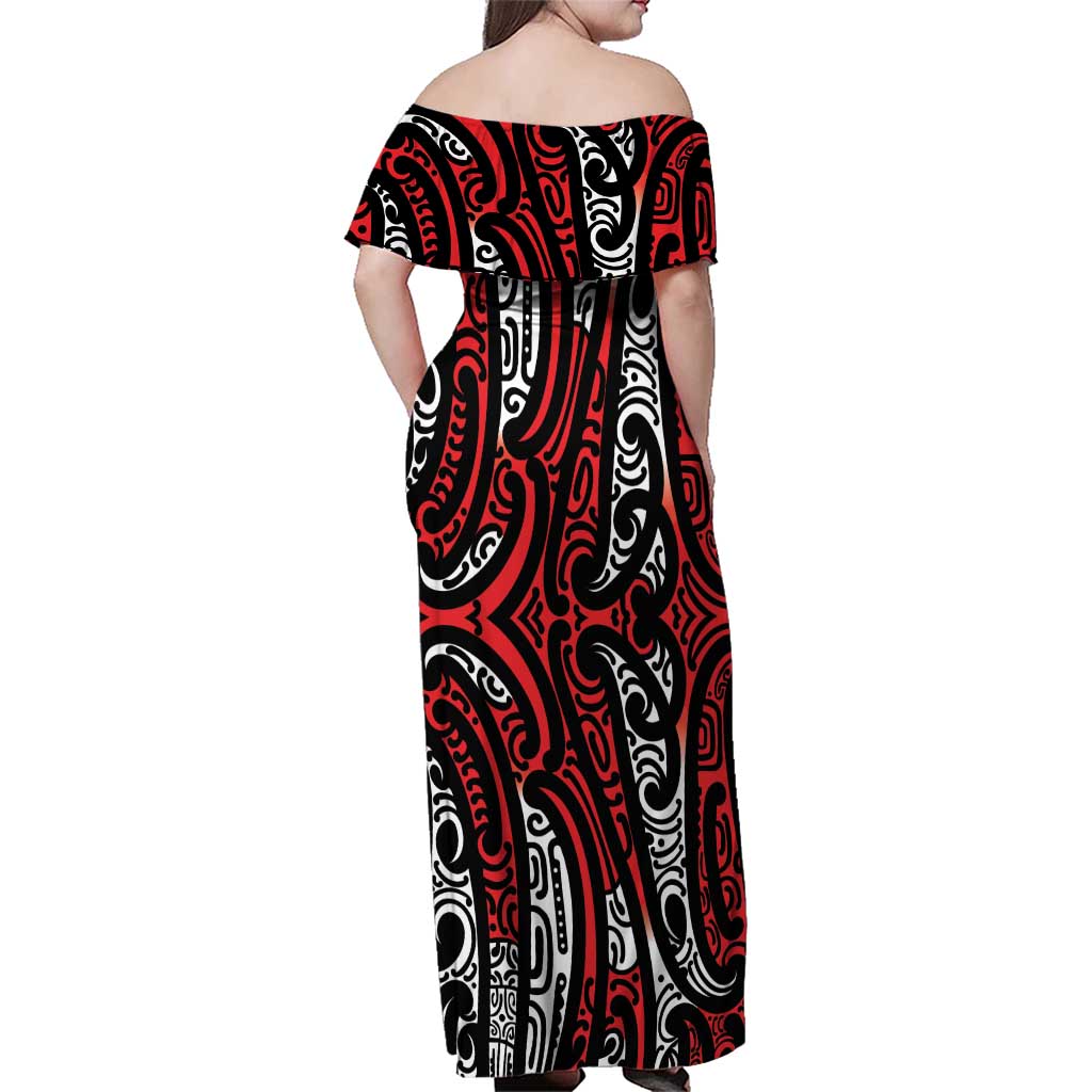 New Zealand Maori Taniko Family Matching Off Shoulder Maxi Dress and Hawaiian Shirt Red Kowhaiwhai Puhoro LT9 - Polynesian Pride