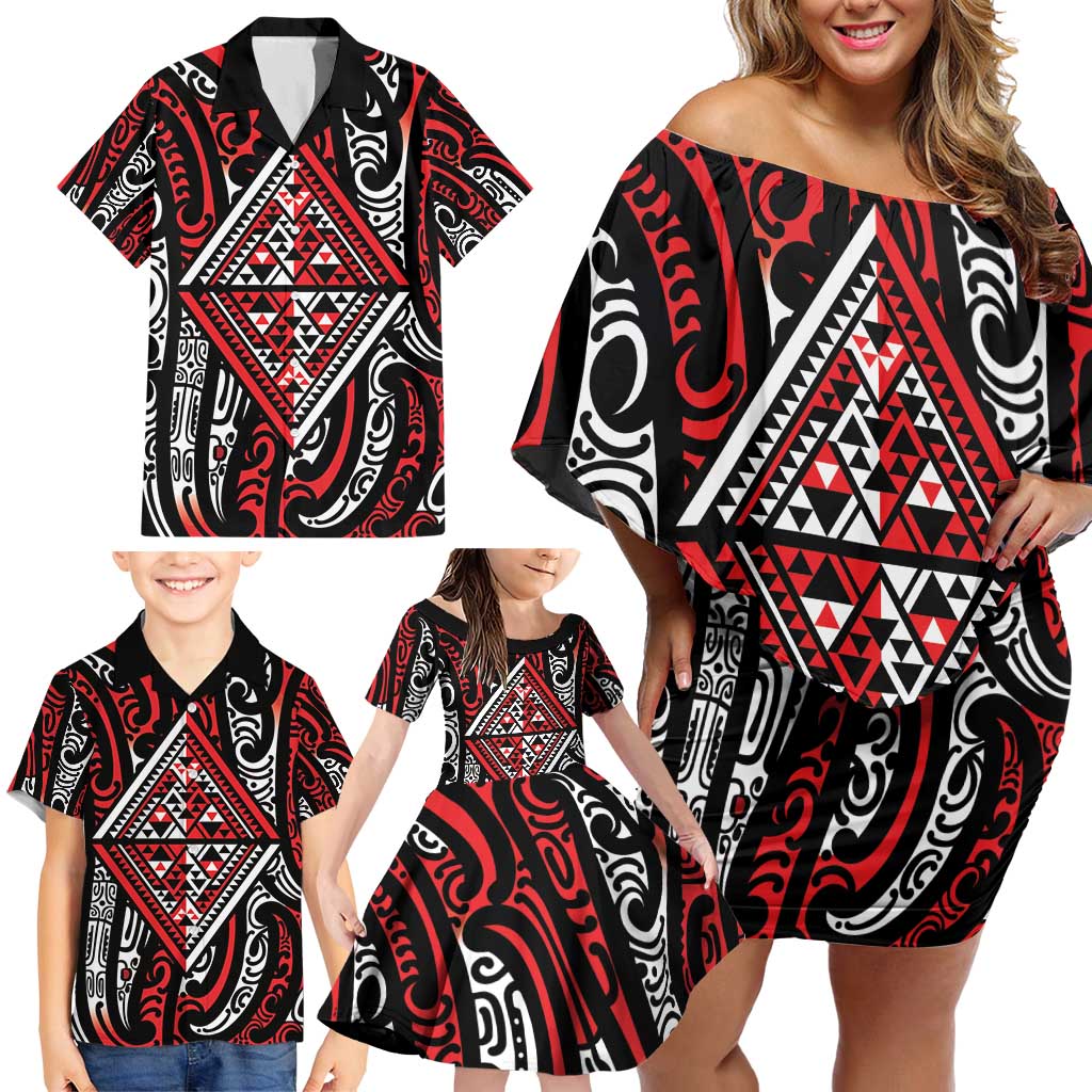 New Zealand Maori Taniko Family Matching Off Shoulder Short Dress and Hawaiian Shirt Red Kowhaiwhai Puhoro LT9 - Polynesian Pride