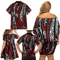 New Zealand Maori Taniko Family Matching Off Shoulder Short Dress and Hawaiian Shirt Red Kowhaiwhai Puhoro LT9 - Polynesian Pride