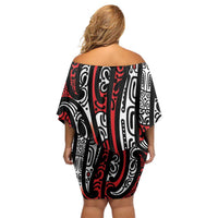 New Zealand Maori Taniko Family Matching Off Shoulder Short Dress and Hawaiian Shirt Red Kowhaiwhai Puhoro LT9 - Polynesian Pride