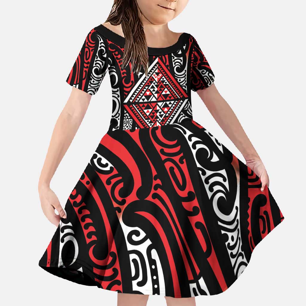 New Zealand Maori Taniko Family Matching Short Sleeve Bodycon Dress and Hawaiian Shirt Red Kowhaiwhai Puhoro LT9 Daughter's Dress Red - Polynesian Pride