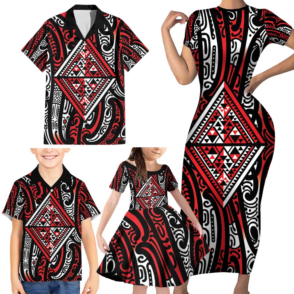 New Zealand Maori Taniko Family Matching Short Sleeve Bodycon Dress and Hawaiian Shirt Red Kowhaiwhai Puhoro LT9 - Polynesian Pride