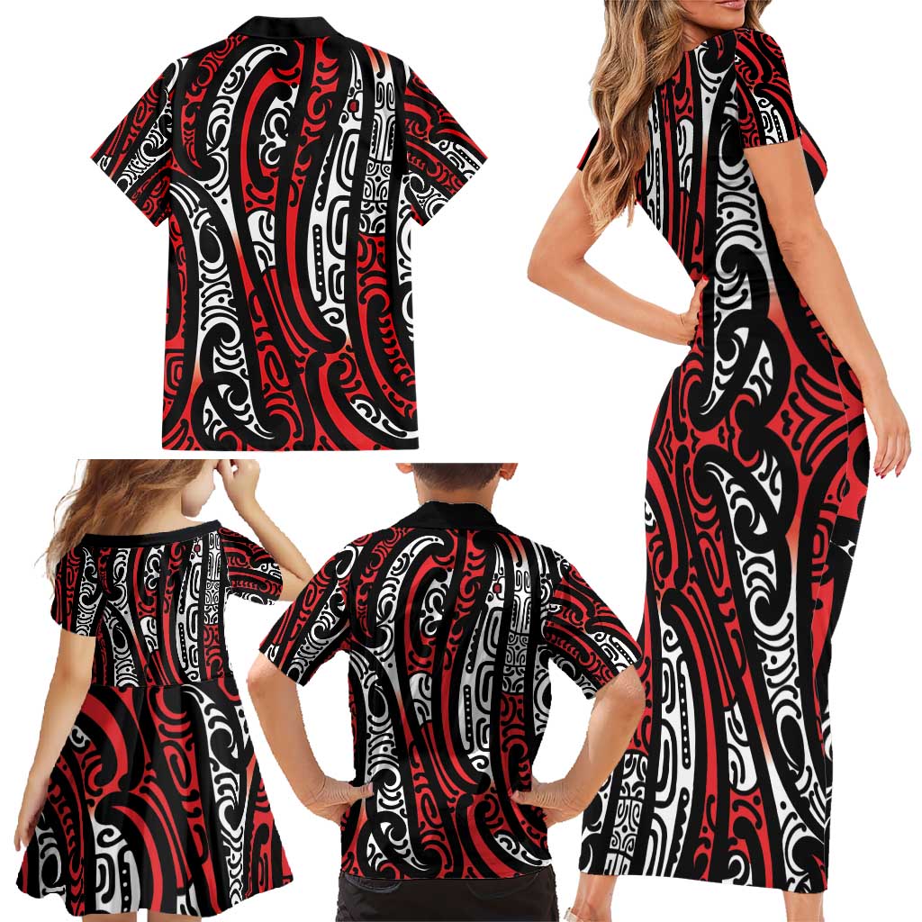 New Zealand Maori Taniko Family Matching Short Sleeve Bodycon Dress and Hawaiian Shirt Red Kowhaiwhai Puhoro LT9 - Polynesian Pride