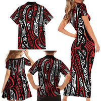 New Zealand Maori Taniko Family Matching Short Sleeve Bodycon Dress and Hawaiian Shirt Red Kowhaiwhai Puhoro LT9 - Polynesian Pride