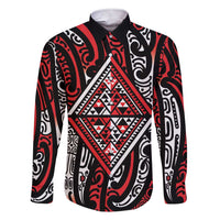 New Zealand Maori Taniko Family Matching Short Sleeve Bodycon Dress and Hawaiian Shirt Red Kowhaiwhai Puhoro LT9 Dad's Shirt - Long Sleeve Red - Polynesian Pride