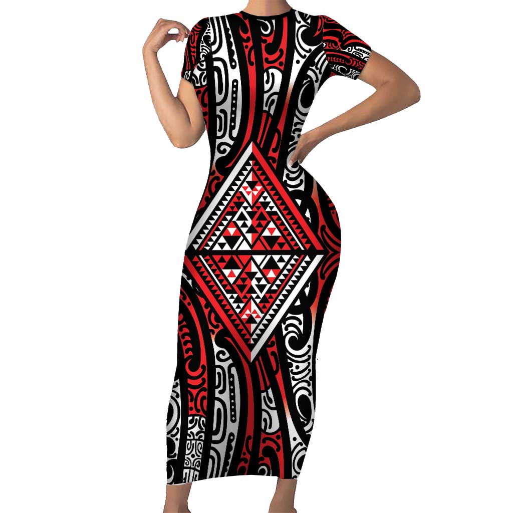New Zealand Maori Taniko Family Matching Short Sleeve Bodycon Dress and Hawaiian Shirt Red Kowhaiwhai Puhoro LT9 Mom's Dress Red - Polynesian Pride