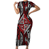New Zealand Maori Taniko Family Matching Short Sleeve Bodycon Dress and Hawaiian Shirt Red Kowhaiwhai Puhoro LT9 Mom's Dress Red - Polynesian Pride
