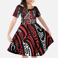 New Zealand Maori Taniko Family Matching Summer Maxi Dress and Hawaiian Shirt Red Kowhaiwhai Puhoro LT9 Daughter's Dress Red - Polynesian Pride