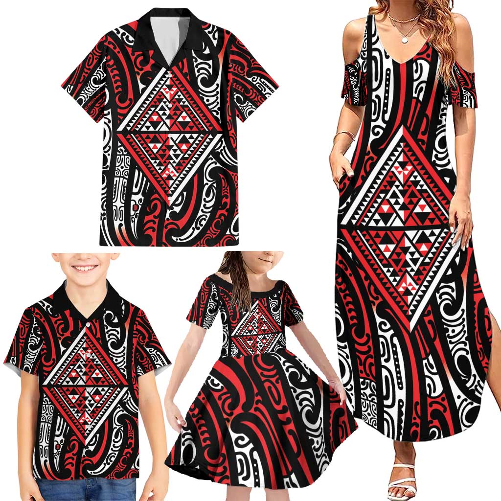 New Zealand Maori Taniko Family Matching Summer Maxi Dress and Hawaiian Shirt Red Kowhaiwhai Puhoro LT9 - Polynesian Pride