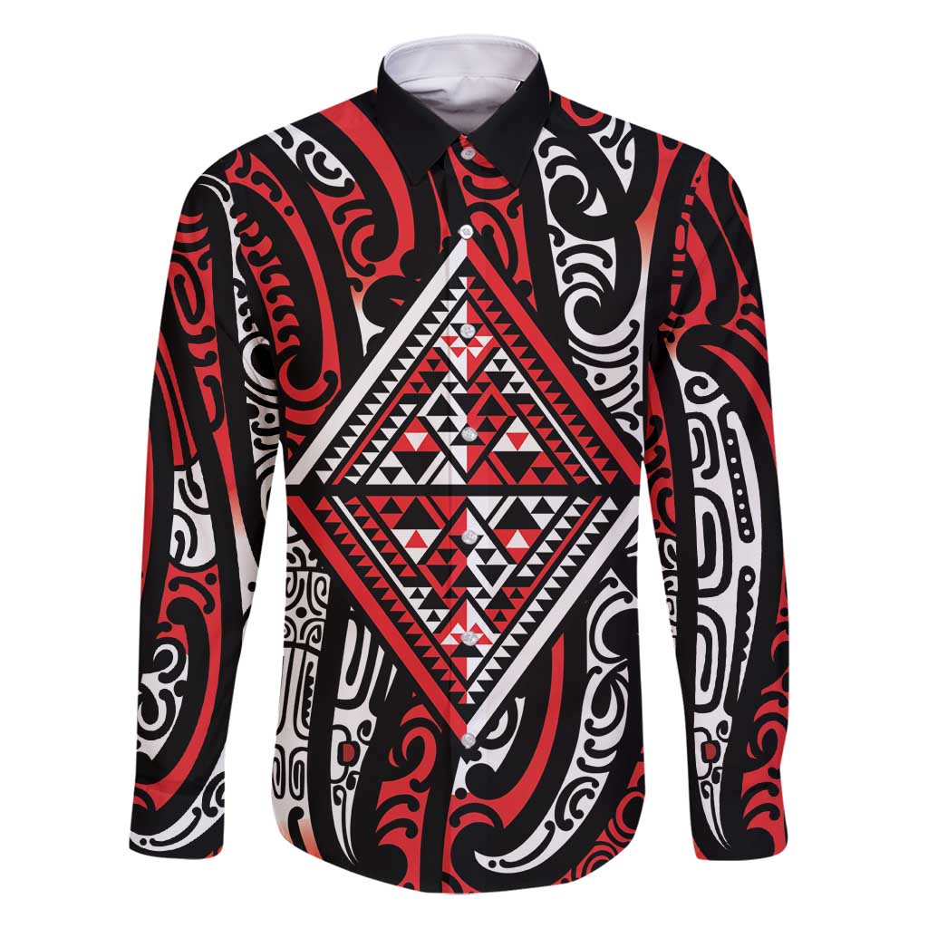 New Zealand Maori Taniko Family Matching Summer Maxi Dress and Hawaiian Shirt Red Kowhaiwhai Puhoro LT9 Dad's Shirt - Long Sleeve Red - Polynesian Pride