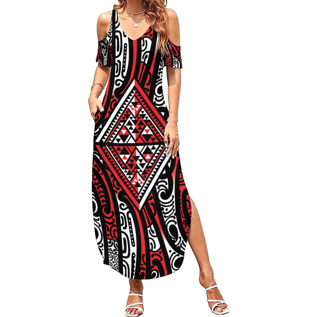 New Zealand Maori Taniko Family Matching Summer Maxi Dress and Hawaiian Shirt Red Kowhaiwhai Puhoro LT9 Mom's Dress Red - Polynesian Pride