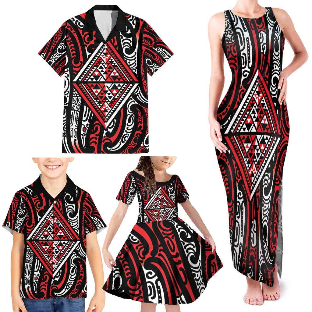 New Zealand Maori Taniko Family Matching Tank Maxi Dress and Hawaiian Shirt Red Kowhaiwhai Puhoro LT9 - Polynesian Pride