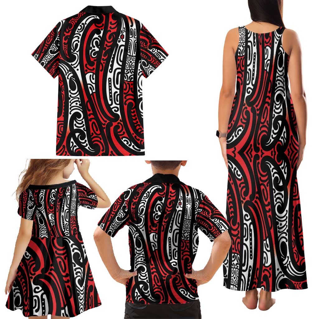 New Zealand Maori Taniko Family Matching Tank Maxi Dress and Hawaiian Shirt Red Kowhaiwhai Puhoro LT9 - Polynesian Pride