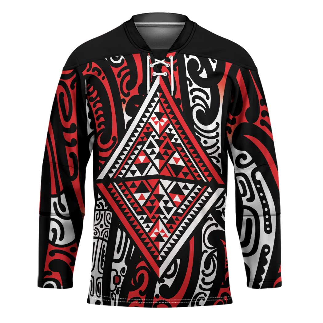 New Zealand Maori Taniko Hockey Jersey Red Kowhaiwhai Puhoro - Polynesian Pride