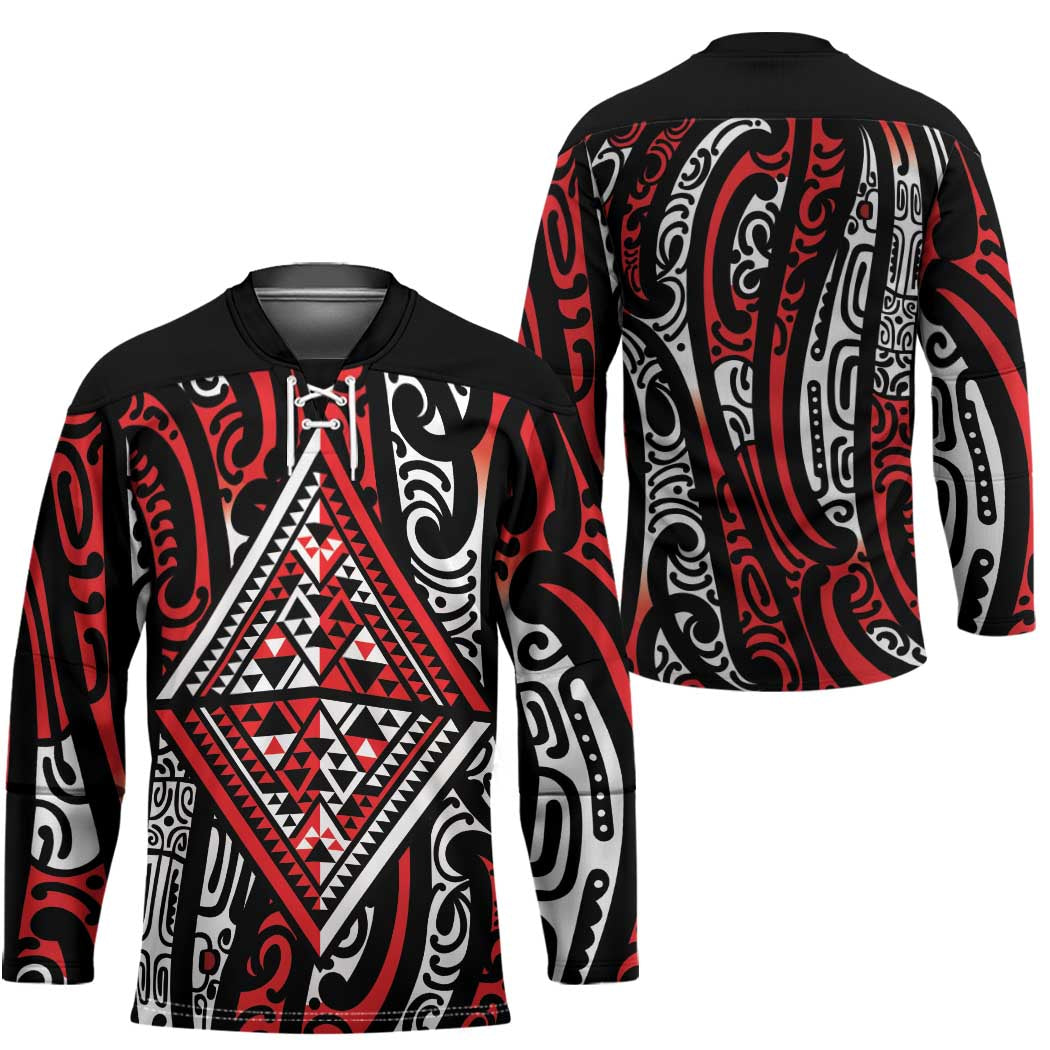 New Zealand Maori Taniko Hockey Jersey Red Kowhaiwhai Puhoro - Polynesian Pride