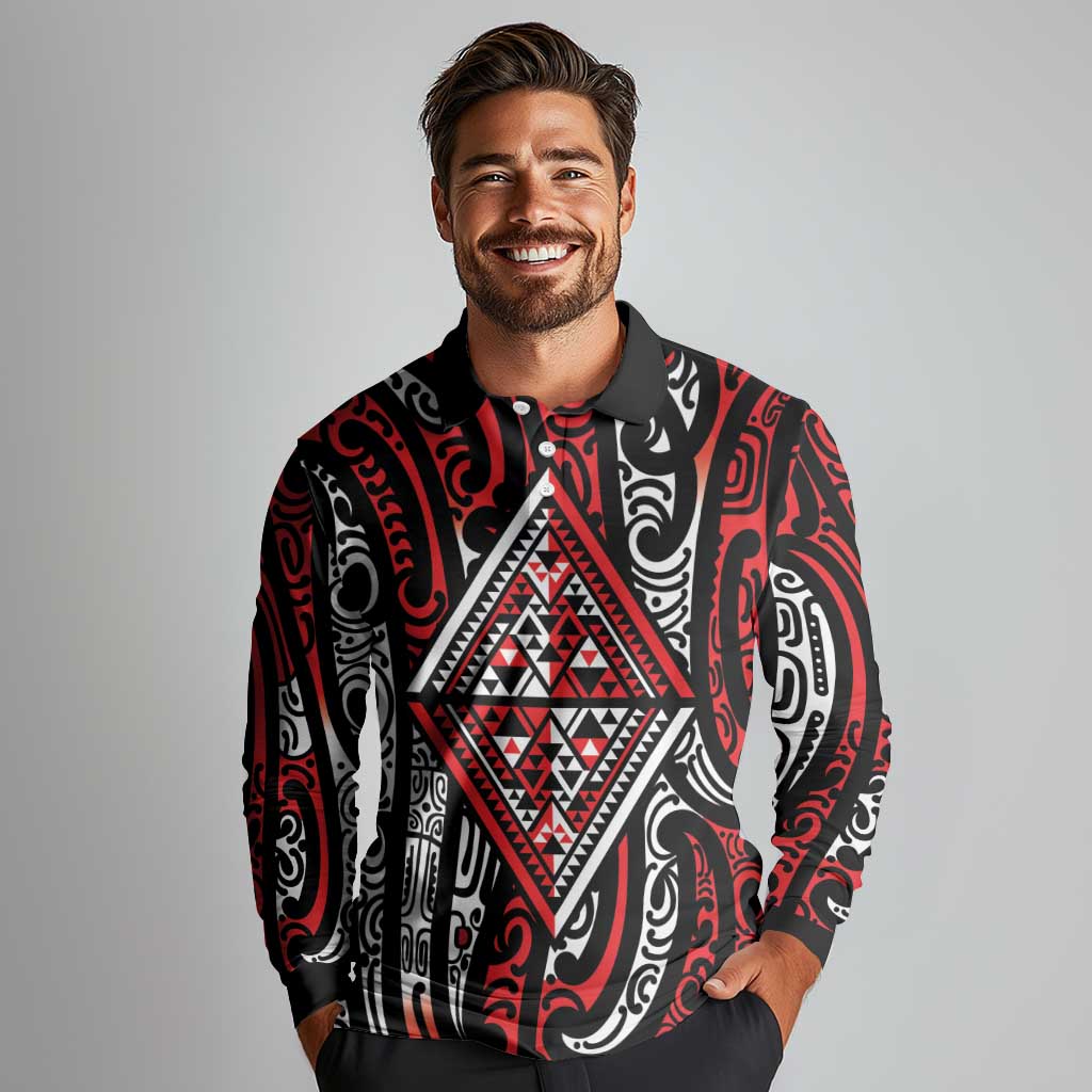 New Zealand Maori Taniko Long Sleeve Polo Shirt Red Kowhaiwhai Puhoro