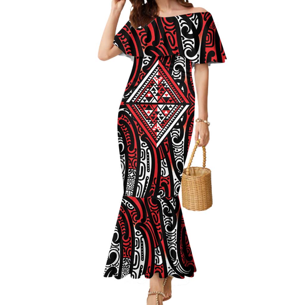 New Zealand Maori Taniko Mermaid Dress Red Kowhaiwhai Puhoro
