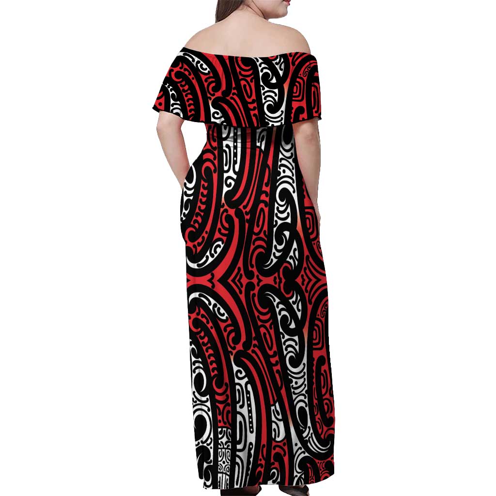 New Zealand Maori Taniko Off Shoulder Maxi Dress Red Kowhaiwhai Puhoro