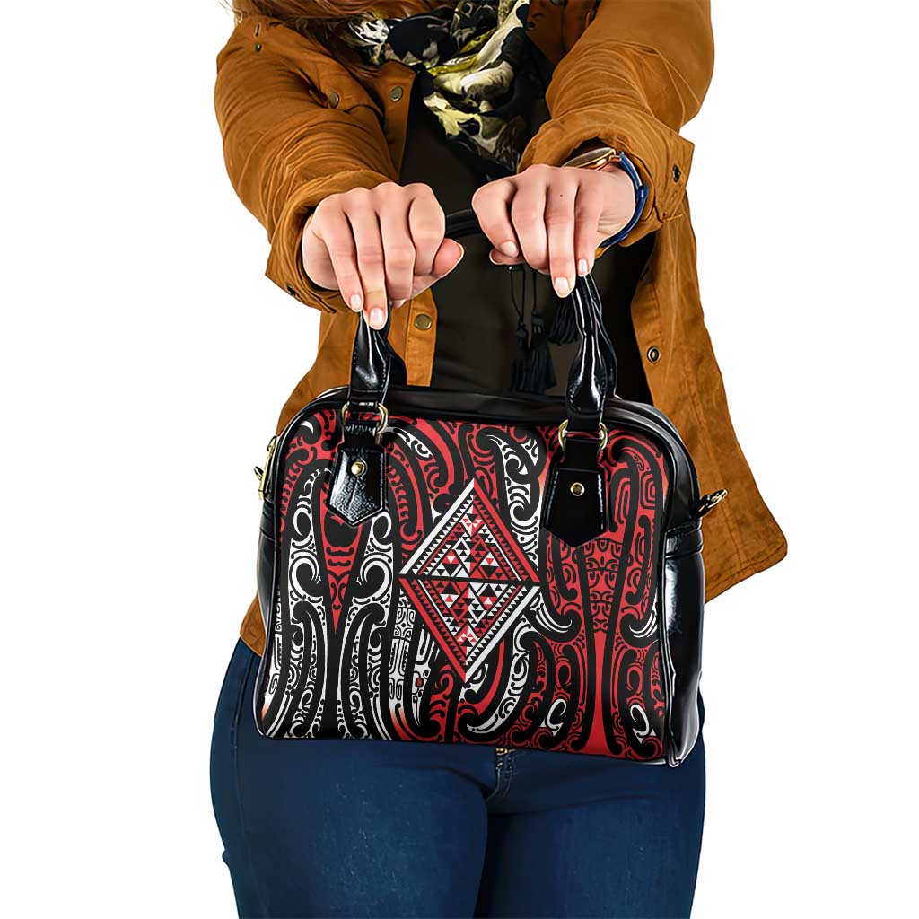 New Zealand Maori Taniko Shoulder Handbag Red Kowhaiwhai Puhoro